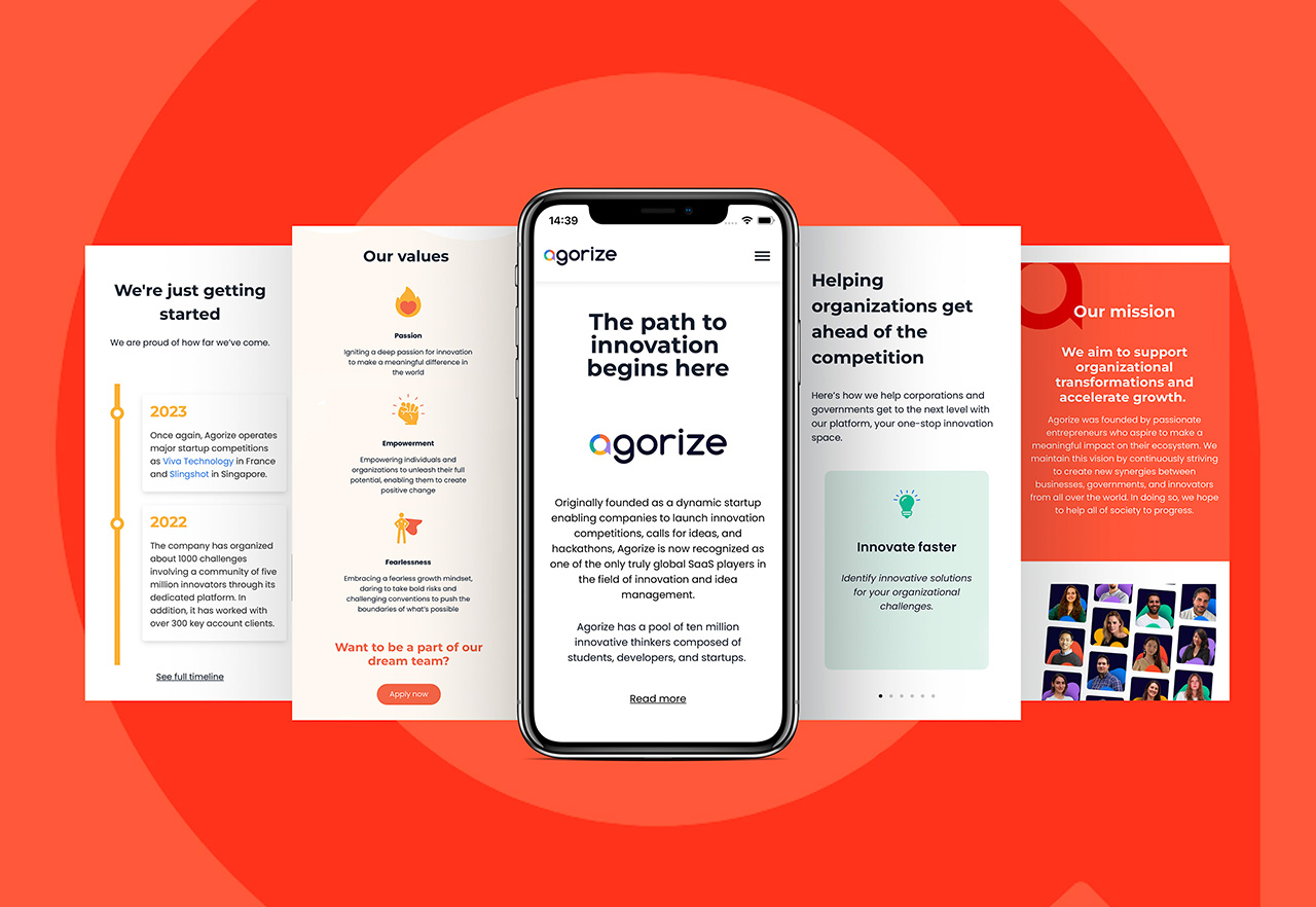 Agorize smartphone screen captures of brand renewal
